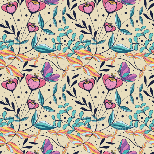 Floral Fabric Texture Featuring Colorful Leaves and Butterflies seamless Floral  PBR texture