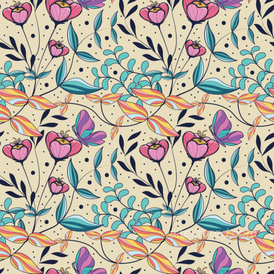 Floral Fabric Texture Featuring Colorful Leaves and Butterflies Floral texture preview
