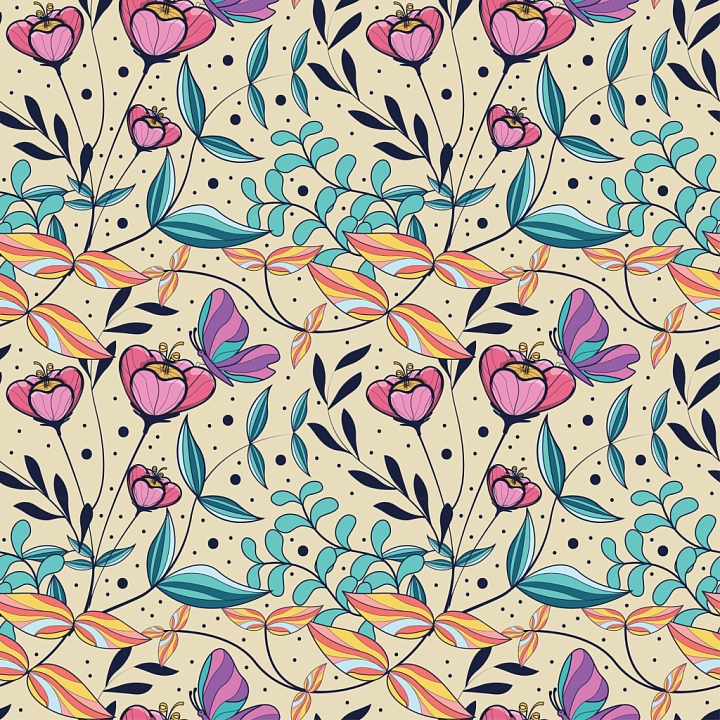 Floral Fabric Featuring Colorful Leaves and Butterflies seamless PBR texture preview