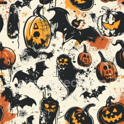 seamless Seamless 3D PBR Vintage Halloween Fabric Texture with Pumpkin and Bat Illustrations texture 8k free download PBR