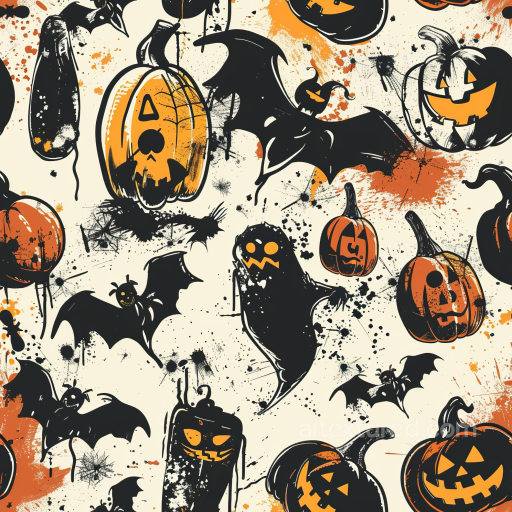 Vintage Halloween Fabric Texture with Pumpkin and Bat Illustrations seamless Vintage Halloween PBR texture