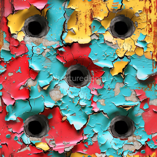 Seamless 3D PBR cracked and holed painted metal texture with vibrant colors and rust