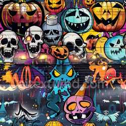seamless Seamless 3D PBR Graffiti Texture Featuring Colorful Skulls and Pumpkin Faces on Brick Wall texture 8k free download PBR