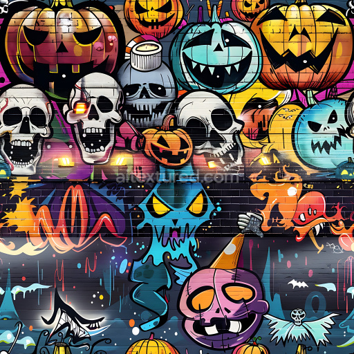 Seamless 3D PBR Graffiti Texture Featuring Colorful Skulls and Pumpkin Faces on Brick Wall