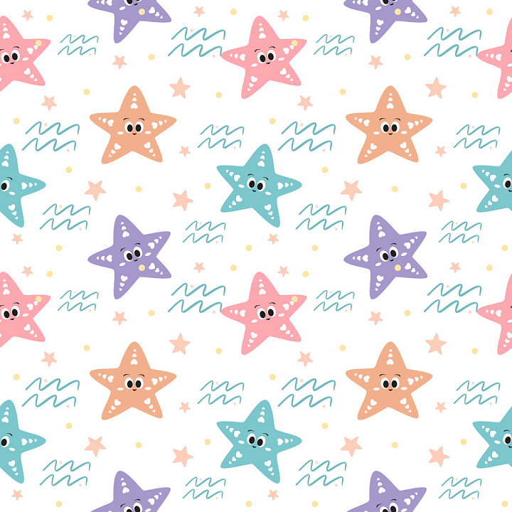 Pattern Featuring Colorful Cartoon Starfish With Playful Doodles seamless PBR texture preview
