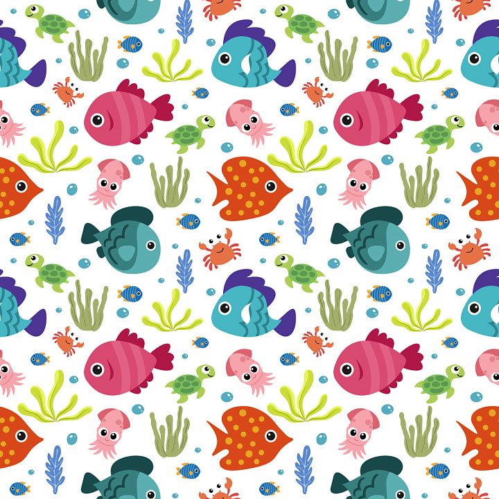 Pattern Featuring Playful Colorful Marine Animals And Underwater Plants seamless PBR texture preview