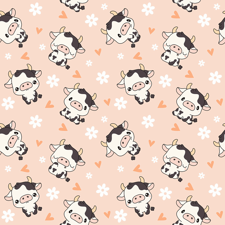 Pattern Featuring Cute Cartoon Cows with Hearts and Flowers seamless PBR texture preview