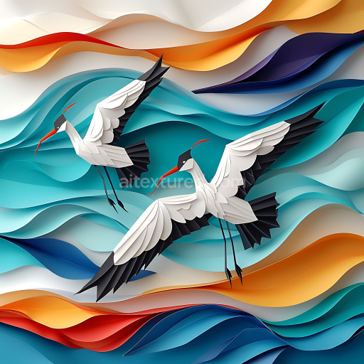 Seamless 3D PBR Texture Featuring Origami-Inspired Avocet Birds and Vibrant Abstract Waves