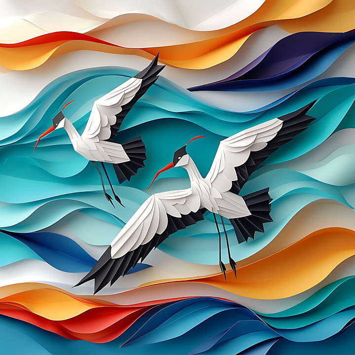 Featuring Origami-Inspired Avocet Birds and Vibrant Abstract Waves seamless PBR texture preview