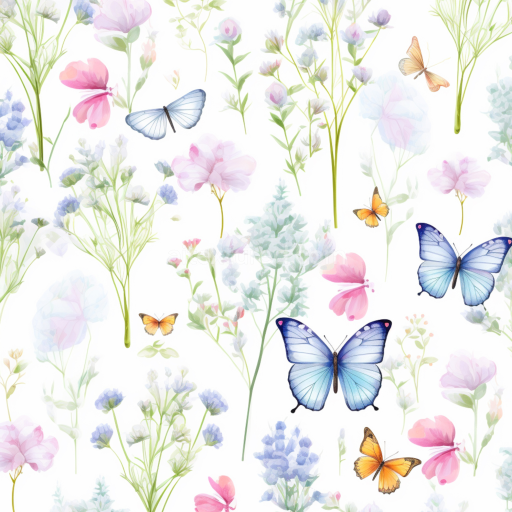 Seamless 3D PBR Texture Featuring Soft Watercolor Butterflies and Wildflowers