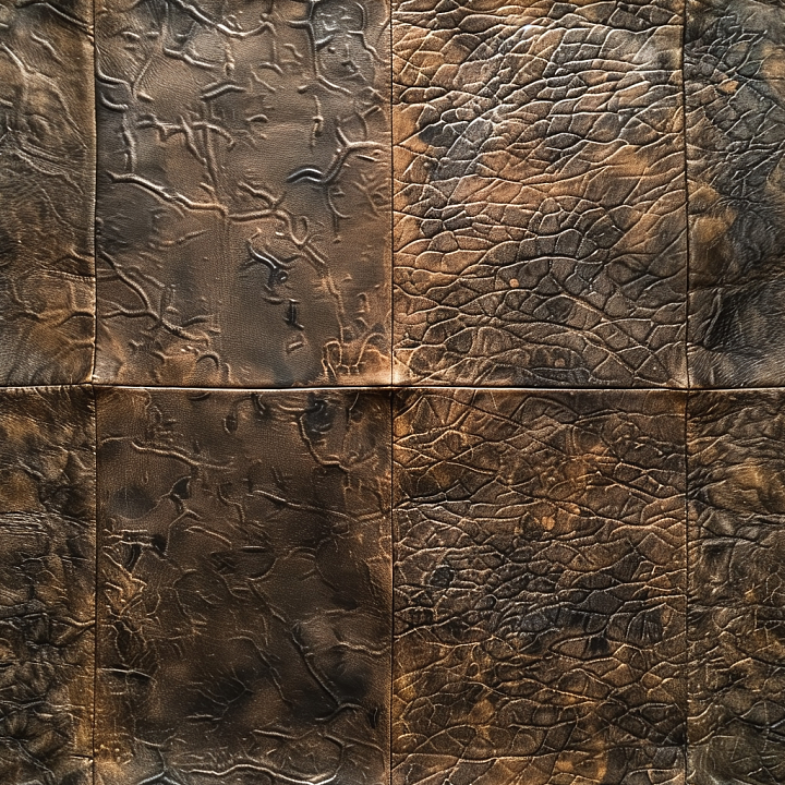 Distressed Brown Leather Patchwork with Aged Cracks and Grain Patterns seamless PBR texture preview
