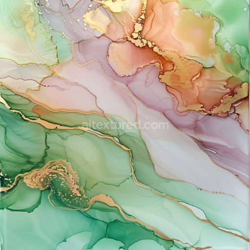 Seamless 3D Alcohol Ink PBR Texture Featuring Soft Green and Gold Fluid Swirls