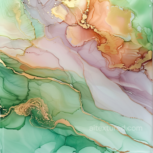 Alcohol Ink PBR Texture Featuring Soft Green and Gold Fluid Swirls seamless Alcohol ink PBR texture