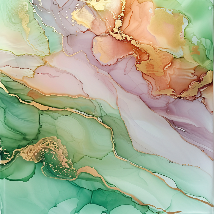 Alcohol Ink Featuring Soft Green and Gold Fluid Swirls seamless PBR texture preview