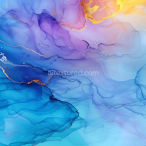 Seamless 3D Alcohol Ink PBR Texture Featuring Luminous Blue and Violet Fluid Swirls with Gold Highlights
