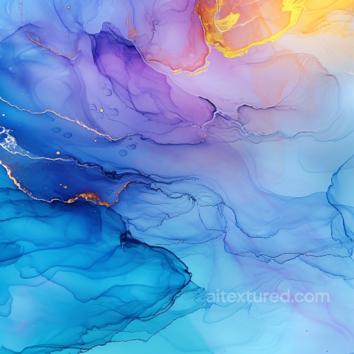 Alcohol Ink PBR Texture Featuring Luminous Blue and Violet Fluid Swirls with Gold Highlig… seamless Alcohol ink PBR texture