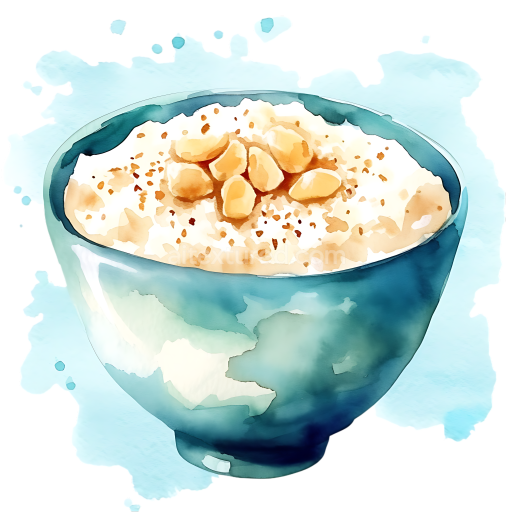 Delicious Rice Pudding Breakfast Bowl with Nuts Watercolor Illustration