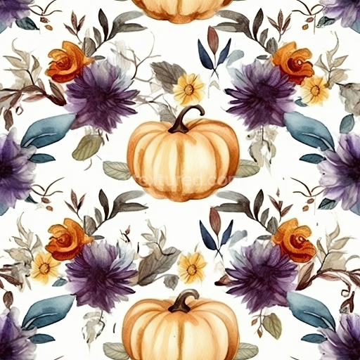 Seamless 3D PBR Watercolor Halloween Pumpkin and Floral Fabric Texture