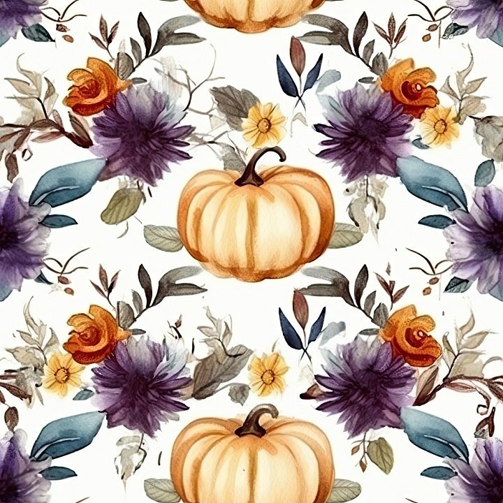 Watercolor Halloween Pumpkin and Floral Fabric seamless PBR texture preview