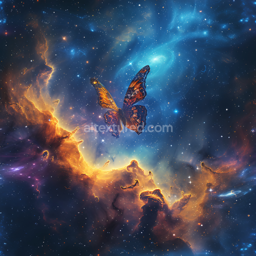 Seamless 3D Space PBR Texture Featuring Glowing Cosmic Nebula with Butterfly Silhouette