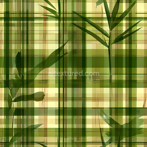 Seamless 3D PBR Texture of Green Botanical Plaid Fabric with Leaf Patterns