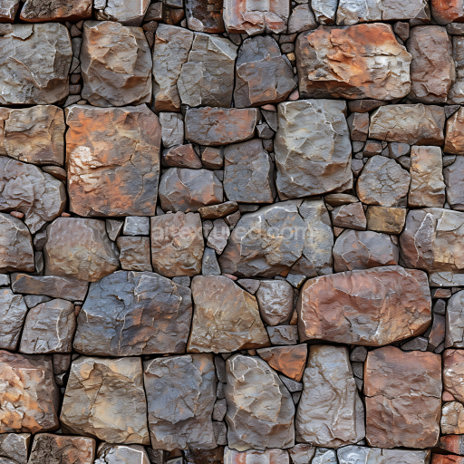 Seamless 3D Stone Wall PBR Texture Featuring Weathered, Rough Rust-Brown and Gray Rocks