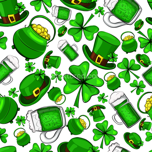 Seamless 3D PBR Texture Featuring Clipart St Patrick Symbols in Bright Greens