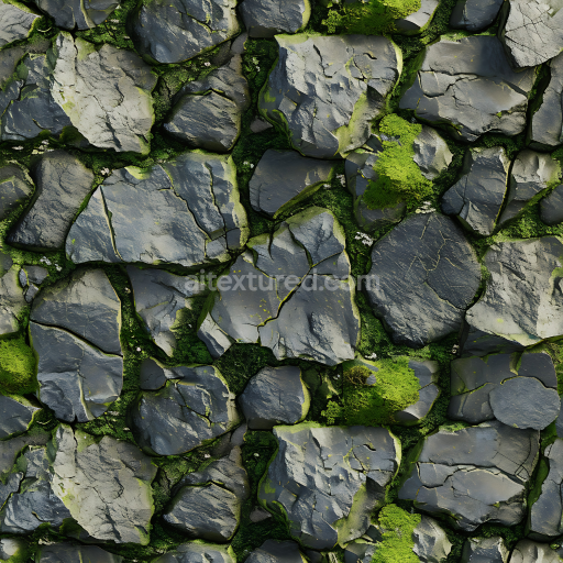 Seamless 3D PBR Texture of Mossy Cracked Stone Ground with Rough Jagged Rocks