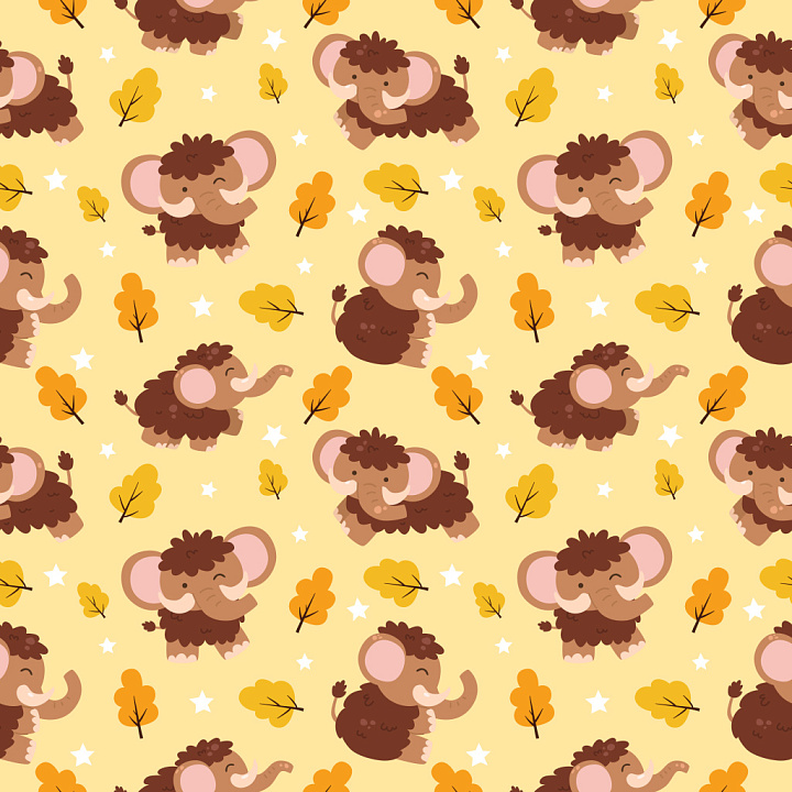 Pattern Featuring Cute Cartoon Mammoths with Autumn Motifs seamless PBR texture preview