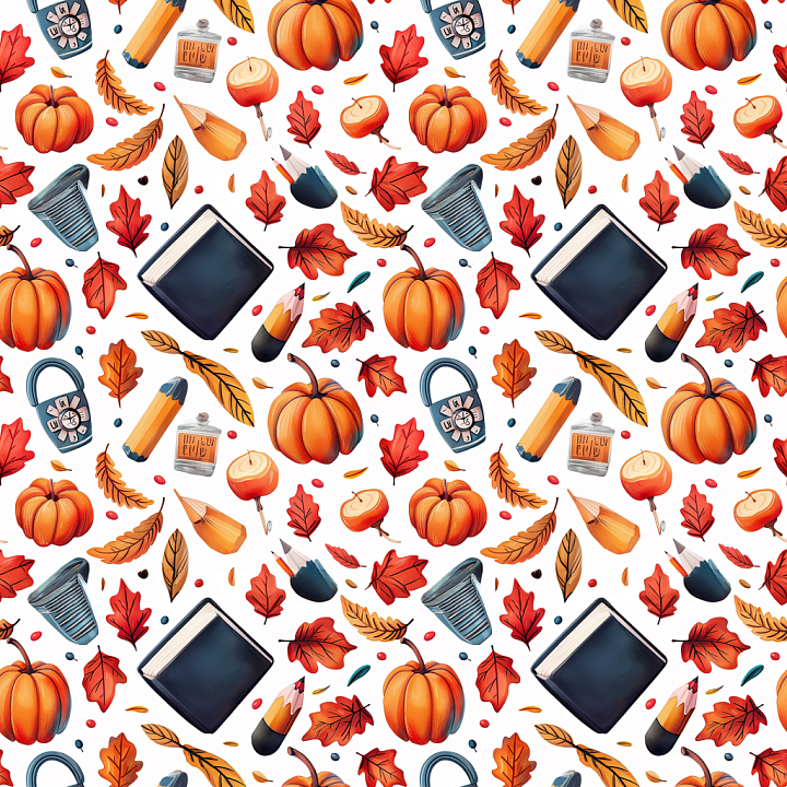 with Autumn Pumpkins, Leaves, and Cozy Seasonal Motifs seamless PBR texture preview
