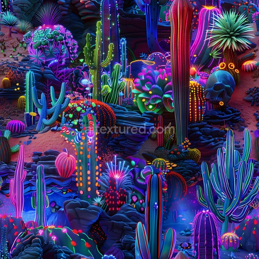 Seamless 3D PBR Texture Featuring Neon-Glowing Desert Cacti Graffiti