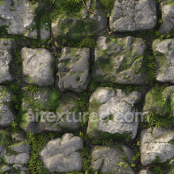 seamless Seamless 3D Moss-Covered Cobblestone Ground PBR Texture with Natural Cracks and Vegetation texture 8k free download PBR