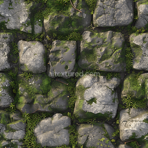 Seamless 3D Moss-Covered Cobblestone Ground PBR Texture with Natural Cracks and Vegetation