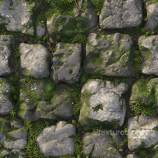 Moss-Covered Cobblestone Ground PBR Texture with Natural Cracks and Vegetation seamless Stone PBR texture