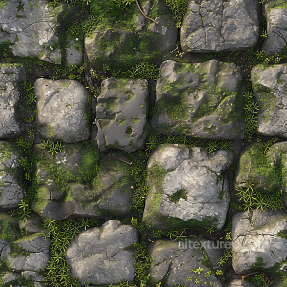 Moss-Covered Cobblestone Ground PBR Texture with Natural Cracks and Vegetation Stone texture preview