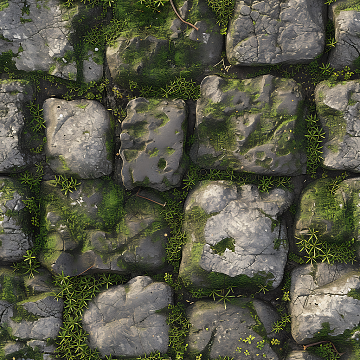 Moss-Covered Cobblestone Ground with Natural Cracks and Vegetation seamless PBR texture preview