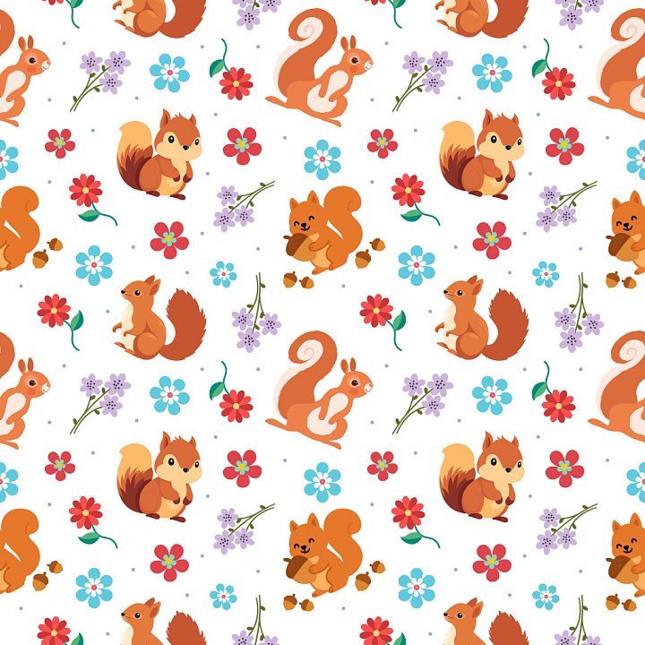 Pattern with Playful Squirrel Motifs and Colorful Floral Elements seamless PBR texture preview