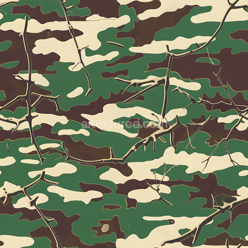 Seamless 3D Woodland Camouflage PBR Texture Featuring Organic Patches and Realistic Branch Elements