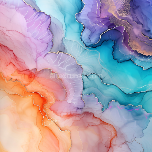 Seamless 3D Alcohol Ink PBR Texture Featuring Pastel Swirls and Delicate Gold Veins