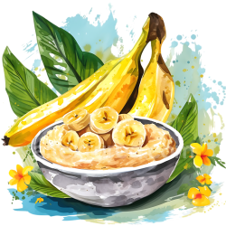 seamless Mashed Bananas Breakfast Bowl with Tropical Leaves and Flowers Illustration texture 8k free download PBR