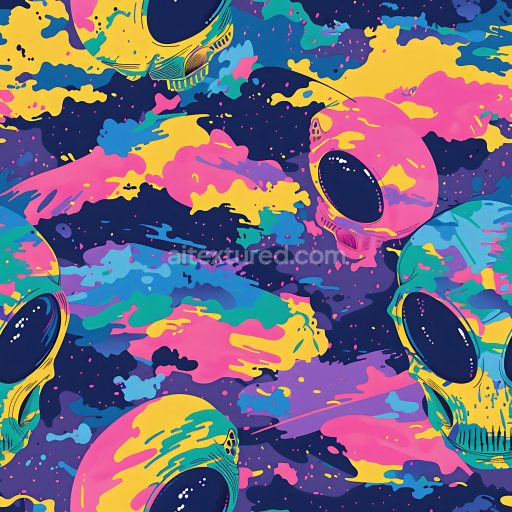 Seamless 3D Neon Sci-Fi Skull Camouflage PBR Texture with Vibrant Multi-Color Splashes