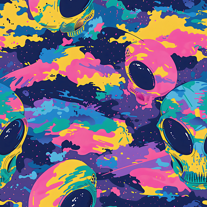 Neon Sci-Fi Skull Camouflage with Vibrant Multi-Color Splashes seamless PBR texture preview