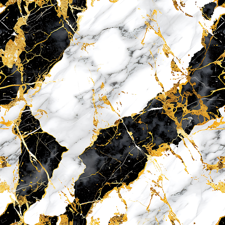 Black and White Marble with Gold Vein Accents seamless PBR texture preview