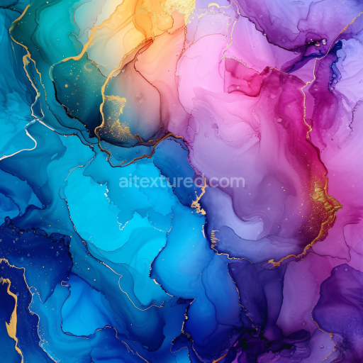 Seamless 3D Alcohol Ink PBR Texture Featuring Vibrant Blue and Violet Fluid Swirls with Gold Veining