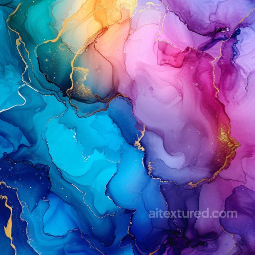 Alcohol Ink PBR Texture Featuring Vibrant Blue and Violet Fluid Swirls with Gold Veining seamless Alcohol ink PBR texture