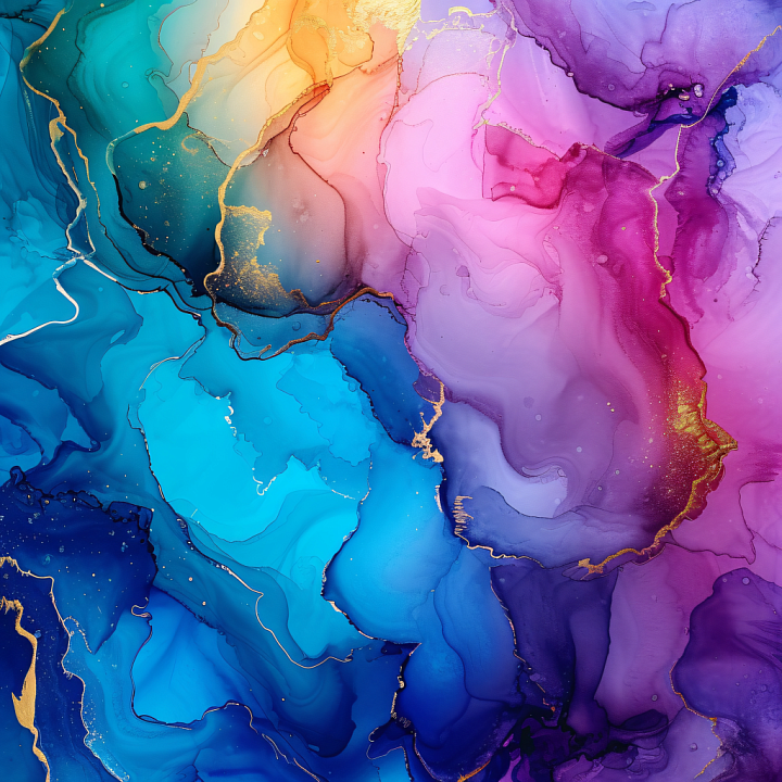 Alcohol Ink Featuring Vibrant Blue and Violet Fluid Swirls with Gold Ve… seamless PBR texture preview