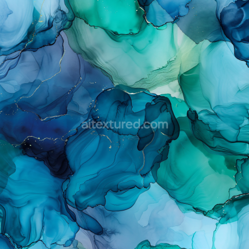 Seamless 3D Alcohol Ink PBR Texture with Teal and Blue Fluid Waves and Gold Veins
