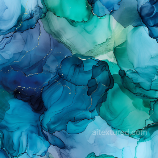 Alcohol Ink PBR Texture with Teal and Blue Fluid Waves and Gold Veins seamless Alcohol ink PBR texture