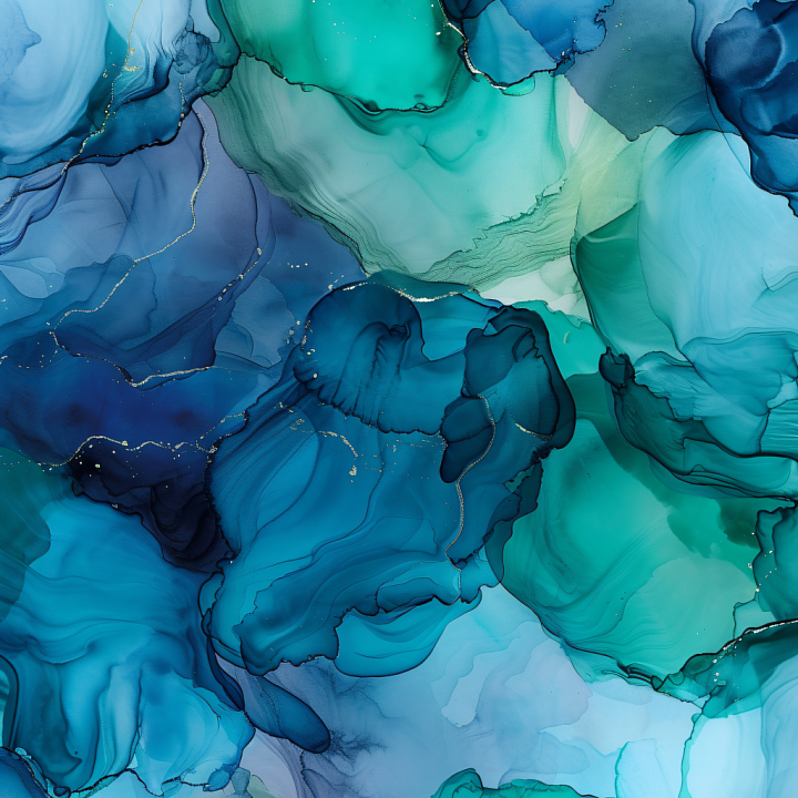 Alcohol Ink with Teal and Blue Fluid Waves and Gold Veins seamless PBR texture preview