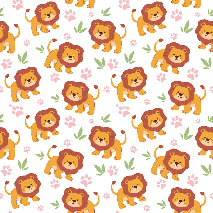 Pattern Featuring Playful Cartoon Lions with Leaf and Paw Motifs seamless PBR texture preview